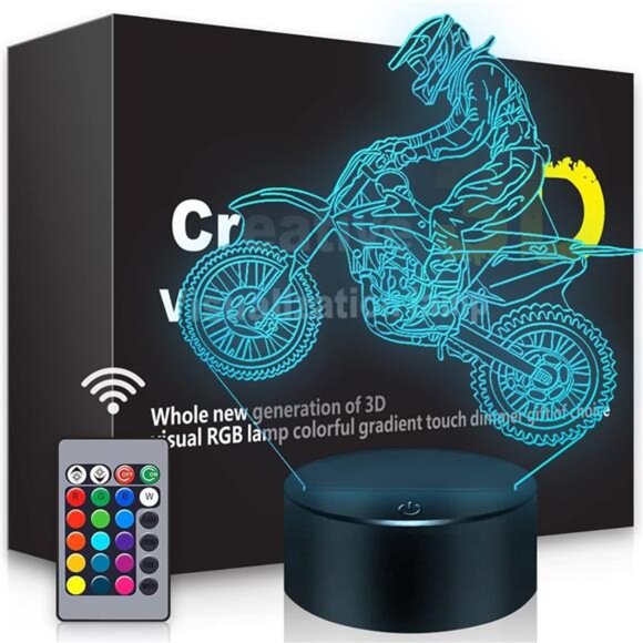 Dirt Bike Gift 3D Night Light, 16 Colors Changes Remote Control Motorcycle Lamp - Picture 1 of 7